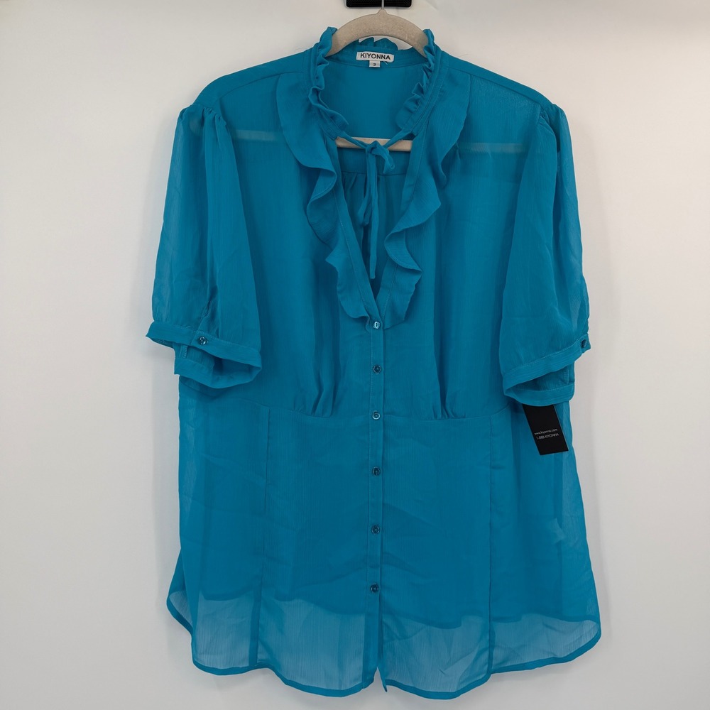 Kiyonna Blue Ruffle Tie Neck Chiffon Blouse Plus Size 2 NEW Romantic Ethereal